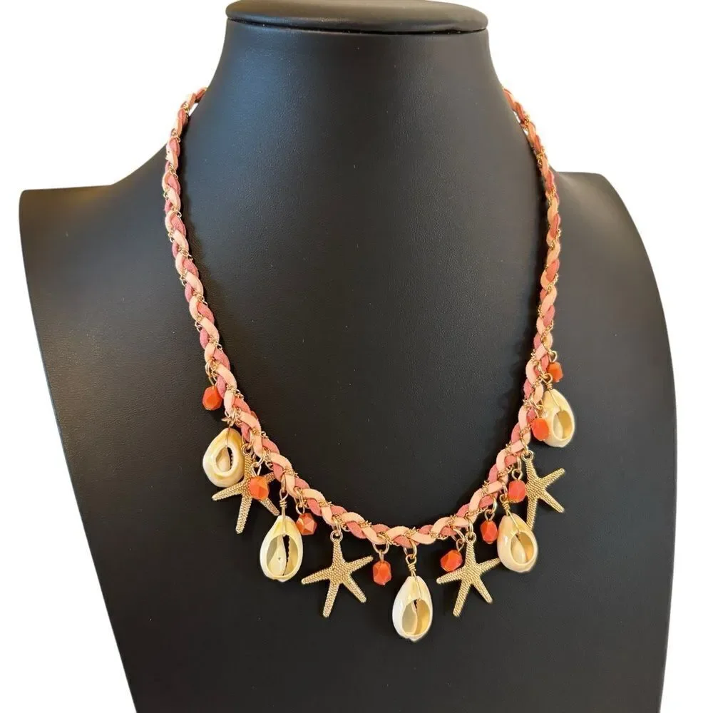 Sparkly Gold Tone Starfish and Shell Charm Necklace.